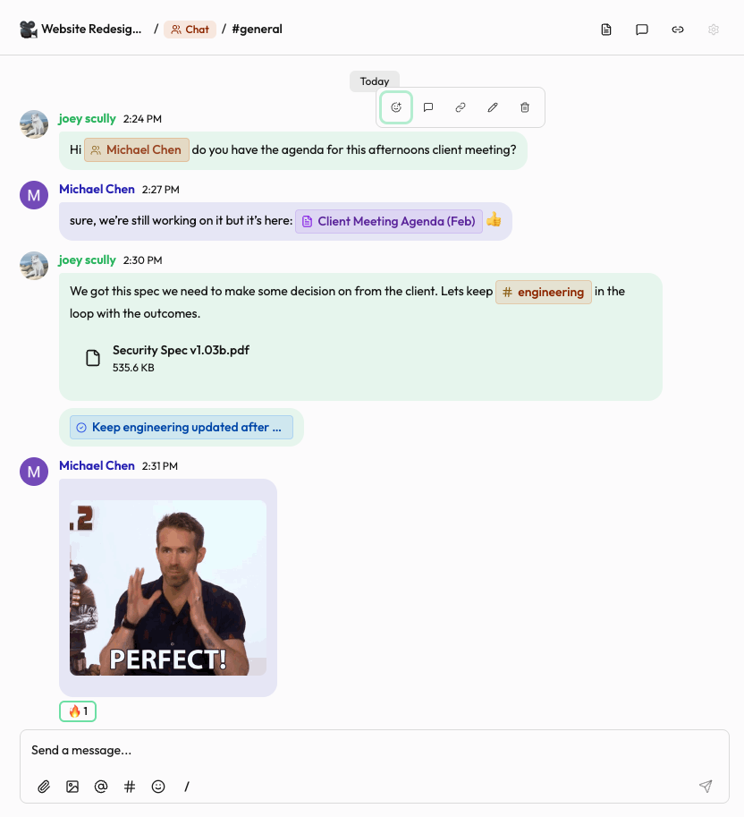 Chat with mentions and linked documents